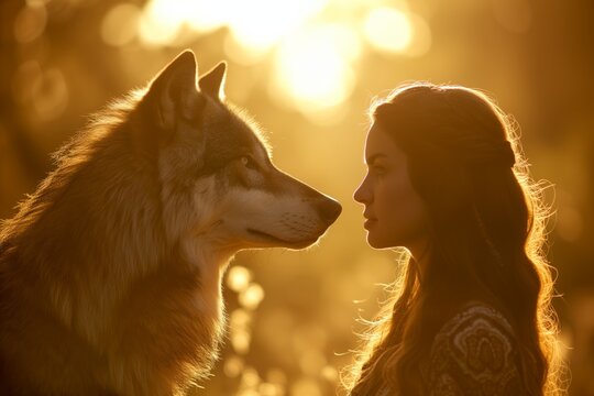 sunlit profile of woman and wolf facing a gentle breeze