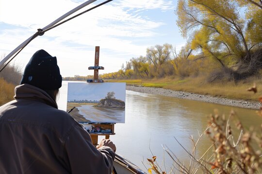person painting landscape from quiet riverboat