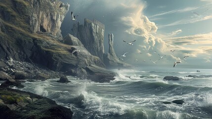 Fantasy landscape with seagulls flying over rocks and sea