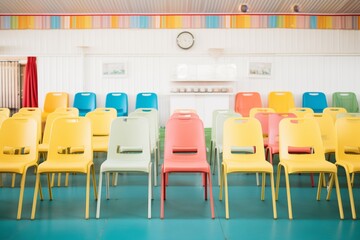 rows of colorful plastic chairs in a seminar hall