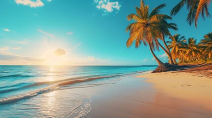 Tropical beach with palm trees with sunshine, travel concept