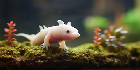 Charming Axolotl on a Mossy Log: An Enchanting High-Resolution Image Ideal for Education and Nature-Inspired Creative Projects, Eco-Themes, and Aquatic Life Promotions.