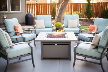 a set of aluminum patio furniture arranged around a gas fire table