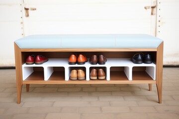 a shoe bench with compartments storing loafers