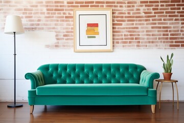 plush emerald-green velvet tufted couch against a white brick wall