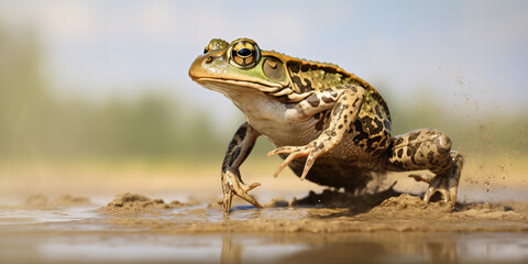 Dynamic Close-Up of a Leaping Frog in Natural Habitat, Perfect for Wildlife Illustrations, Educational Material, and Nature Backgrounds