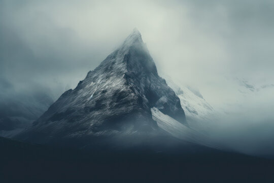Majestic Mountains: A Snowcapped Peak in a Moody Winter Landscape
