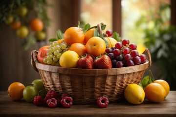 Healthy Food -  Basket Full of Fresh Fruits at Natural Sunset Light