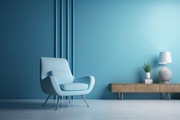 The interior accent color is celeste. furnishings and walls in shades of sky blue. House's contemporary lobby or lounge. Interior design mockup of a living room