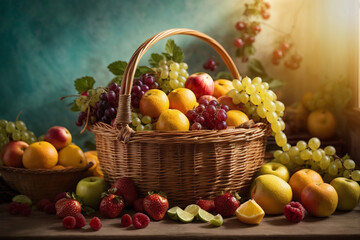 Healthy Food -  Basket Full of Fresh Fruits at Natural Sunset Light