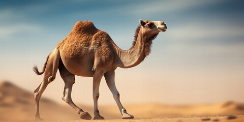 Majestic Single Camel Striding Across Sunny Desert Dunes in Serenity - Wildlife, Nature, and Travel Concept Background