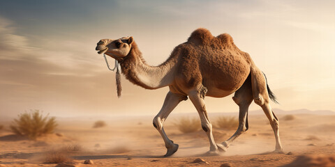 Majestic Single Camel Wandering in Vast Desert Dunes at Sunset - Exotic Wildlife and Adventure Travel Concept
