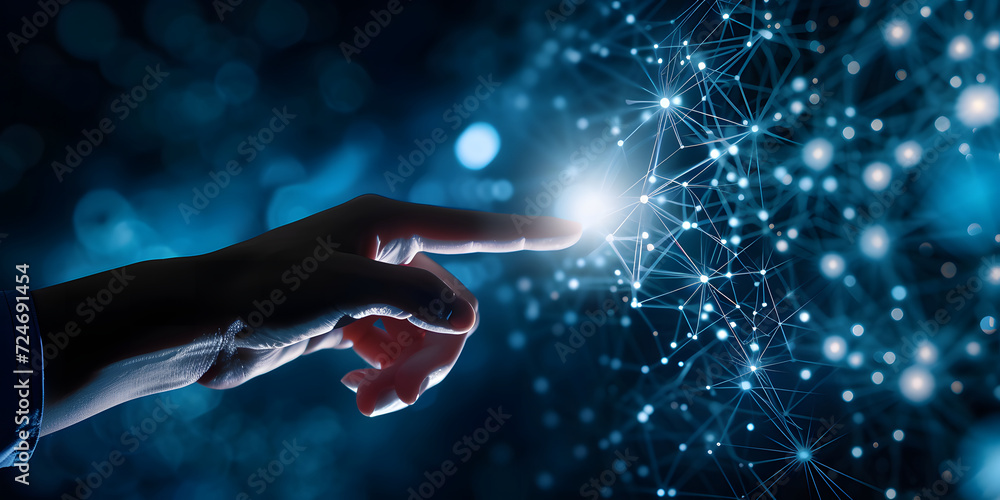 Poster a hand touches light points in the direction of a technology network and interconnected lines. symbo