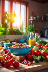 Healthy Food  Being cooked At  Kitchen Background, Vibrant Bright Colors