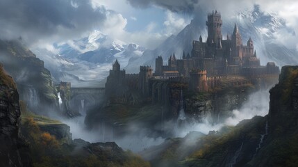 Panorama of abandoned castle in misty mountains. Fantasy landscape