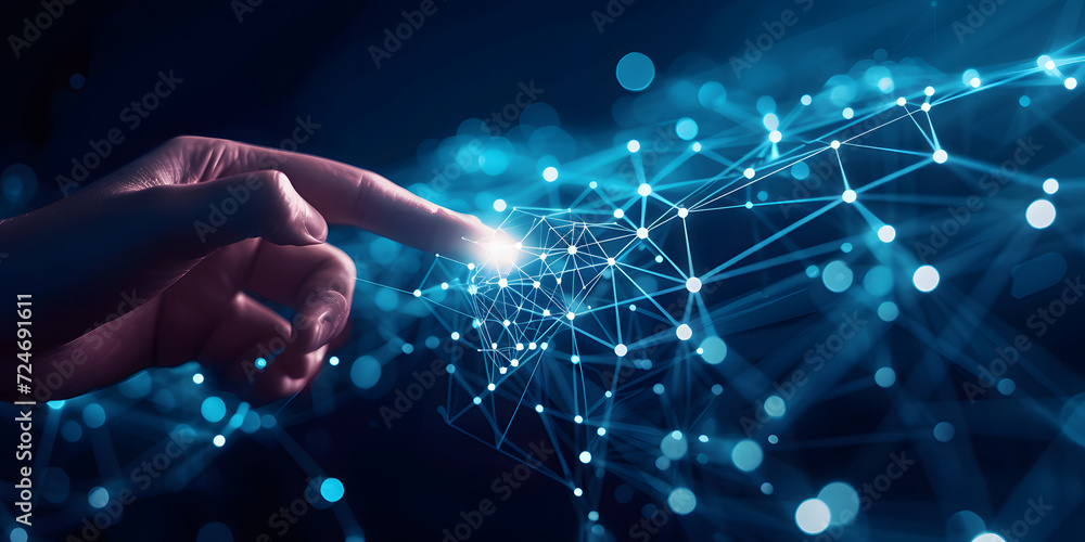 Poster a hand touches light points in the direction of a technology network and interconnected lines. symbo