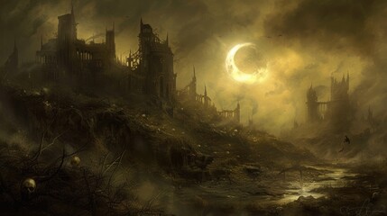 Fantasy landscape with haunted castle and moon. 3D illustration