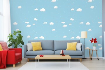 wall decal of floating clouds on a sunlit blue wall