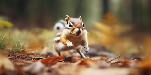 Vibrant Autumn Wildlife: Close-Up of a Squirrel in Motion Amidst Colorful Fallen Leaves вЂ“ Nature Photography