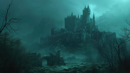 Panorama of abandoned castle in misty mountains. Fantasy landscape