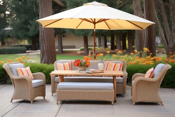 wicker outdoor furniture set under a large patio umbrella