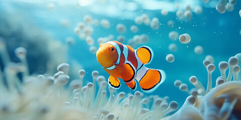 Obraz na płótnie Canvas Vibrant Clownfish Amidst Anemone Tentacles in a Serene Underwater Scene with Bubbles, Ideal for Aquatic Backgrounds or Marine Life Illustrations