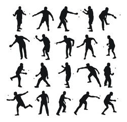 Set of black silhouettes of tennis players with racket and ball, isolated vector