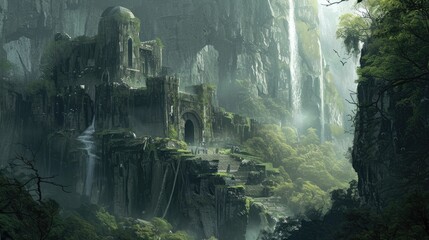 A place of mystery, ruins of ancient castles, mysterious fog