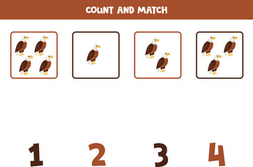 Counting game for kids. Count all bald eagles and match with numbers. Worksheet for children.