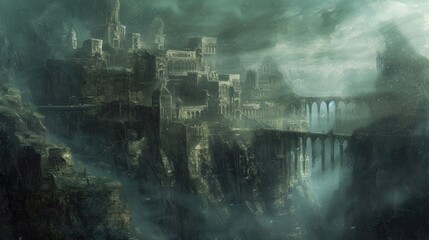 Panorama of the castle in the foggy mountains. Fantasy landscape