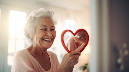 Portrait of a smiling senior woman holding heart shaped box at home