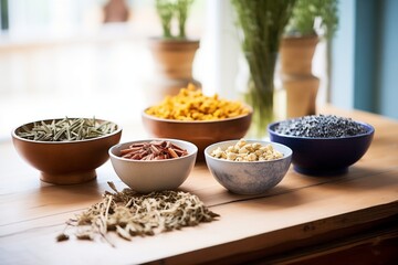 bowls of various dried plants used for aromatherapy