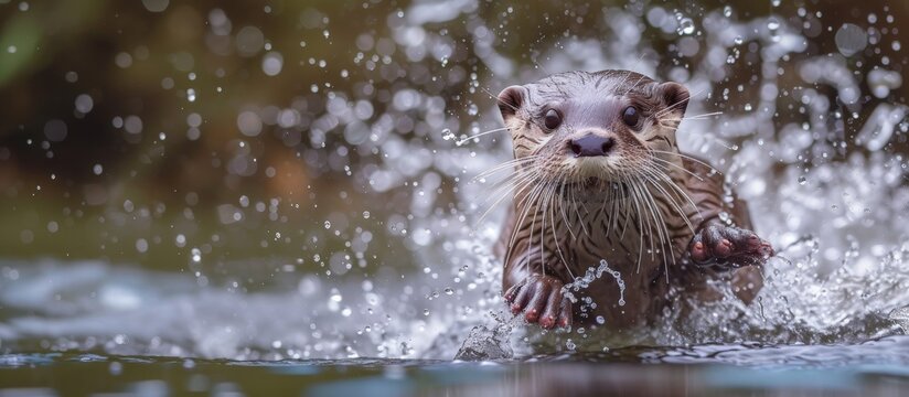 An Otter asian funny animal leaping into a river with splash water in the sunny day. Generated AI