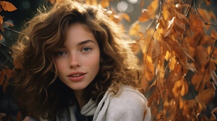 Portrait of a beautiful girl with curly hair in the autumn park.