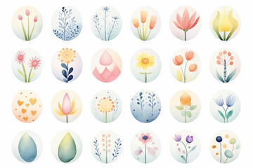 Watercolor floral illustration set - flower & leaf collection, for wedding stationary, greetings, wallpapers, fashion, background. Circular floral highlight icon set isolated on white background.