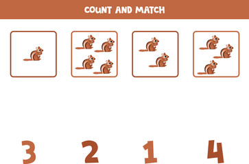 Fototapeta na wymiar Counting game for kids. Count all chipmunks and match with numbers. Worksheet for children.
