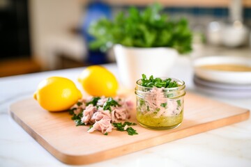 canned tuna with lemon slice and parsley garnish