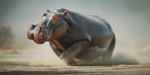 Majestic Hippopotamus Charging through Dust in African Savannah - Dynamic Wildlife Photography