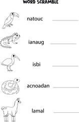 Puzzle for kids. Word scramble for children. Black and white  South American animals.