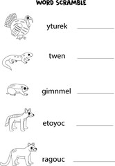Puzzle for kids. Word scramble for children. Black and white  North American animals.