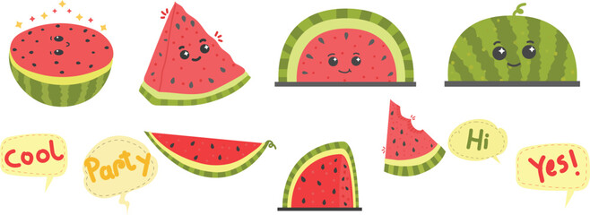 cute happy sassy little watermelon cartoon, cute and naughty, red and green with seed, fresh and healthy, vector isolated cartoon.