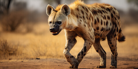 Majestic Spotted Hyena in Natural Habitat at Sunset: Wildlife Photography for Commercial Use