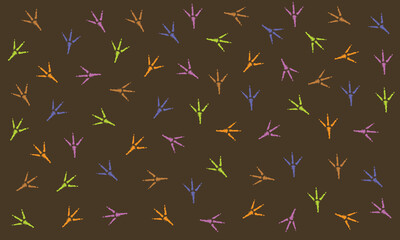 Chicken Footprints Pattern. Seamless pattern with colorful 
Hen footprints against dark brown background. Seamless pattern of footprints. Used in textile, bg and other stuff. Colors are editable. EPS 