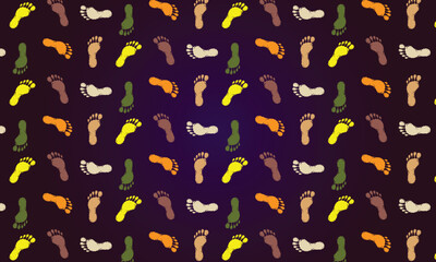 Human Footprints Pattern. Seamless pattern with colorful footprints against dark background. Seamless pattern of footprints. Can be used in textile,plastic sheets,kids stuff. Colors are editable. EPS 
