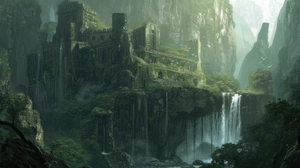 Fantasy landscape with ruins of ancient temples amidst forests and waterfalls.