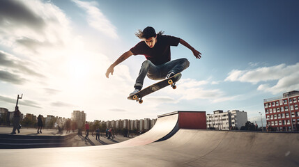 Skateboarder doing a trick in a skate park. Extreme sport.