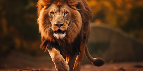 Majestic Male Lion Approaching in Golden Light - Wildlife Portrait with Artistic Bokeh