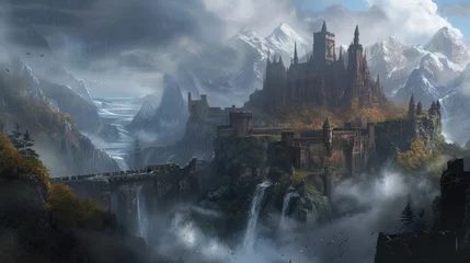 Rolgordijnen Fantasy landscape with castle and waterfall in the fog. 3d rendering © MrHamster