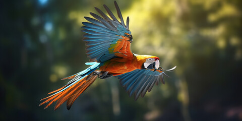 Vibrant Scarlet Macaw in Flight with Extended Wings against a Bokeh Forest Background - Exotic Wildlife Photography