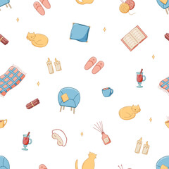 Seamless pattern cozy home elements. Vector illustration doodle cartoon icon, background wallpaper.